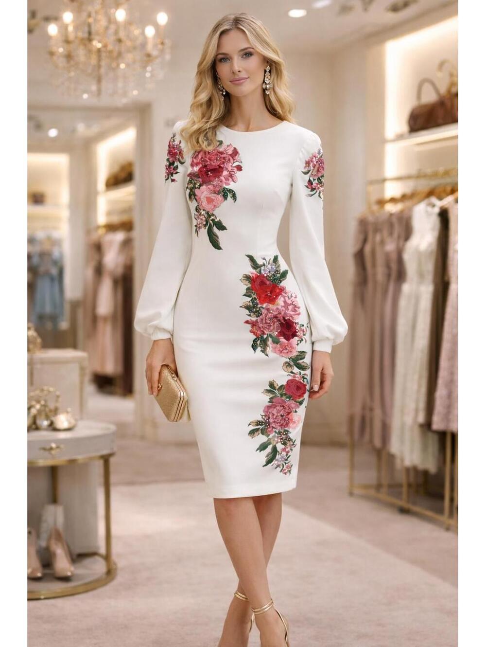 Badgley Mischka * 4 White Floral Embroidered Midi Dress Long Sleeve Modest Chic - Picture 4 of 6